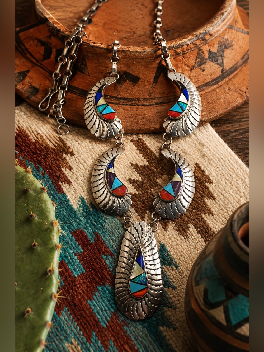Native American Sterling Silver Turquoise Opal Multi Stone Inlay Bib Necklace